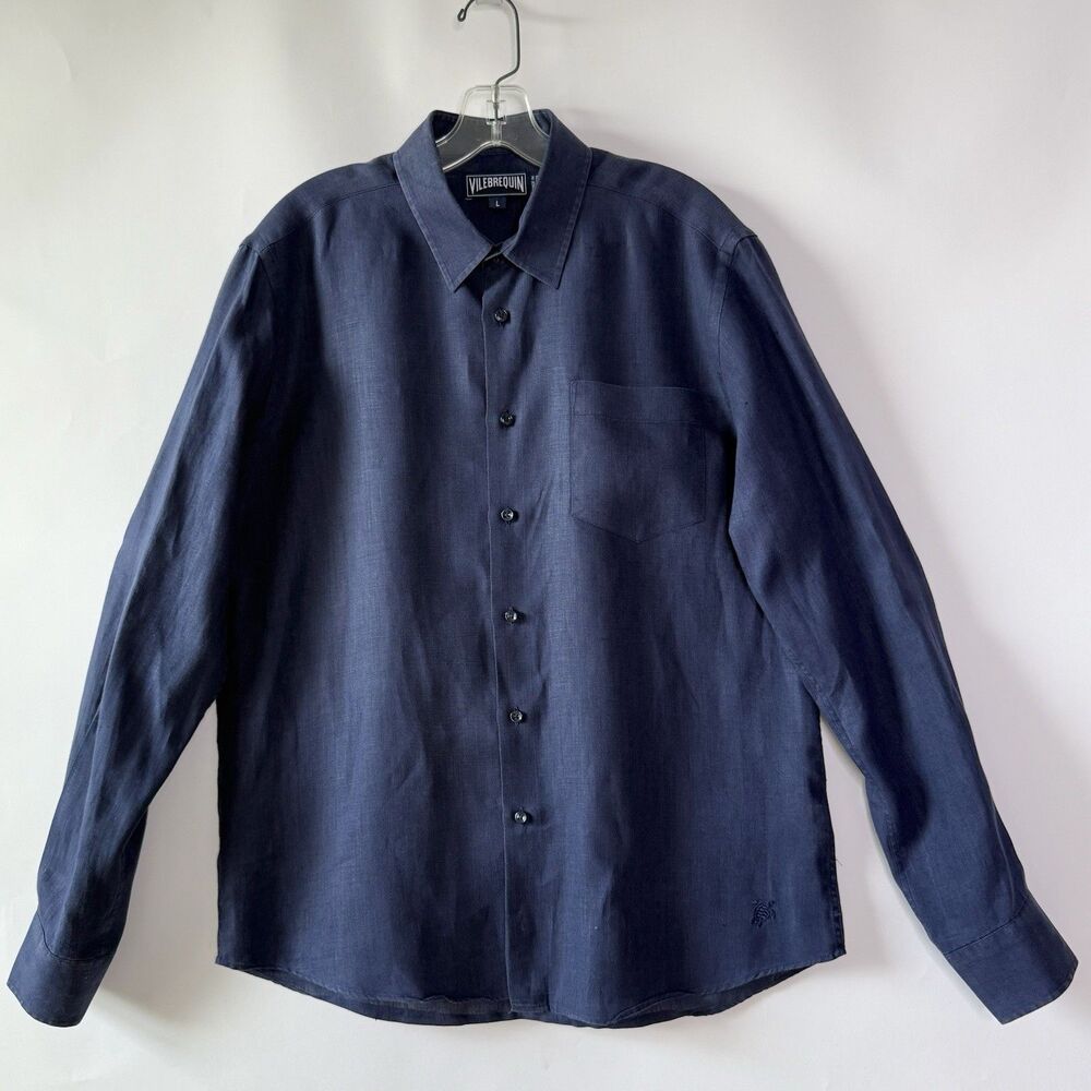 Vilebrequin Button-Up Long Sleeve Shirt Men's Large Blue Linen Coastal Tropical